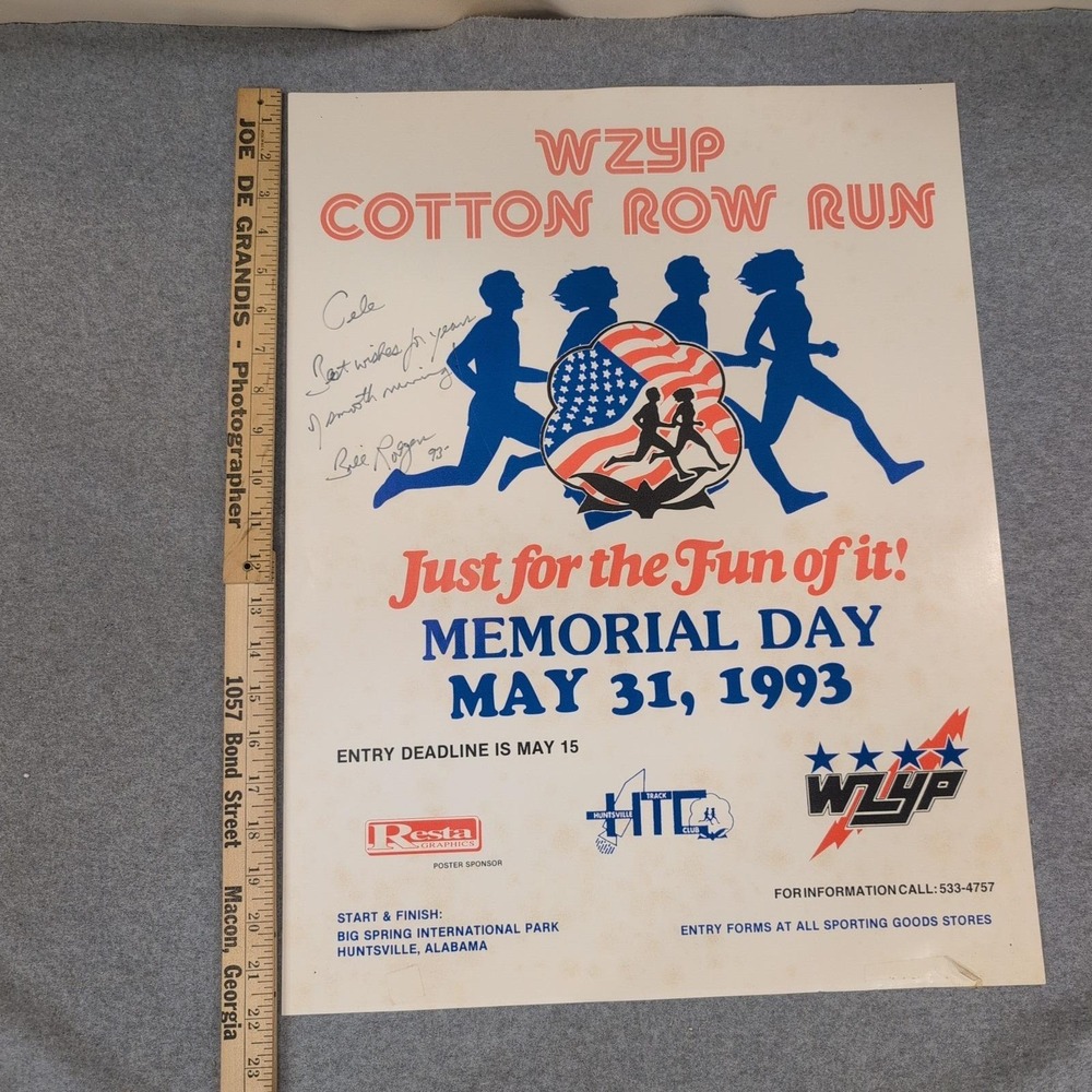 Vtg Signed Bill Rodgers '93 WZYP Cotton Row Run Poster US Olympian Huntsville AL - Picture 5 of 5